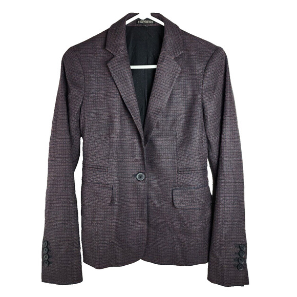 Express Womens Gray Blue Check Long Sleeve Lapel One-Button Blazer Size 0 XS - Picture 1 of 3